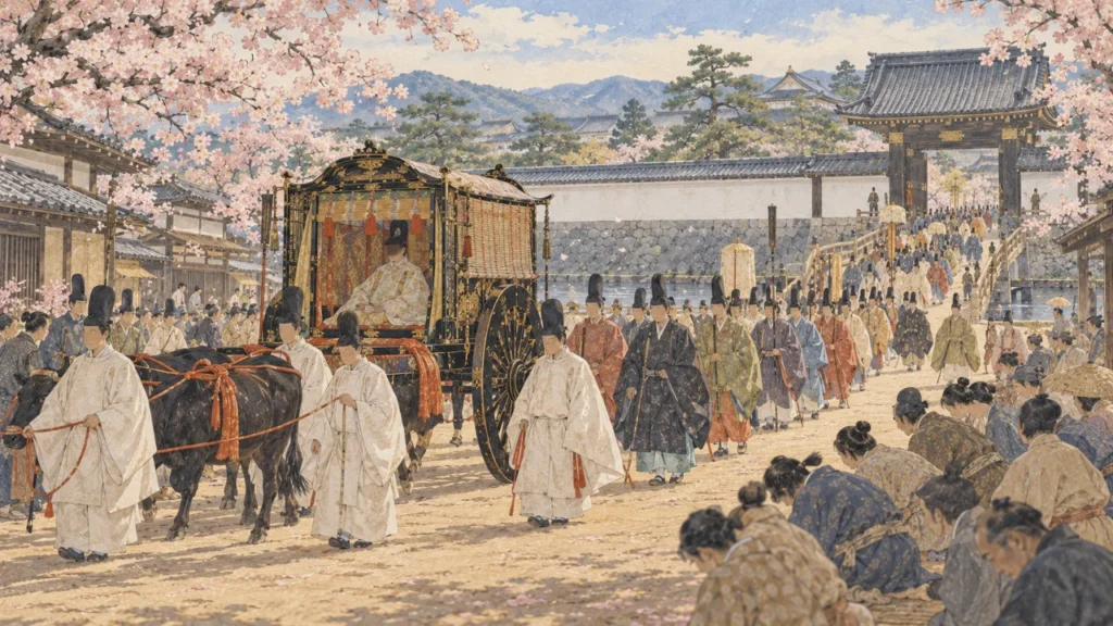 春の京の大路を、牛車を中心に公家たちの行列が御殿の門へ進む聚楽第行幸のイメージ（イラスト）