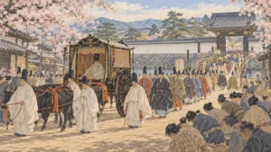 春の京の大路を、牛車を中心に公家たちの行列が御殿の門へ進む聚楽第行幸のイメージ（イラスト）