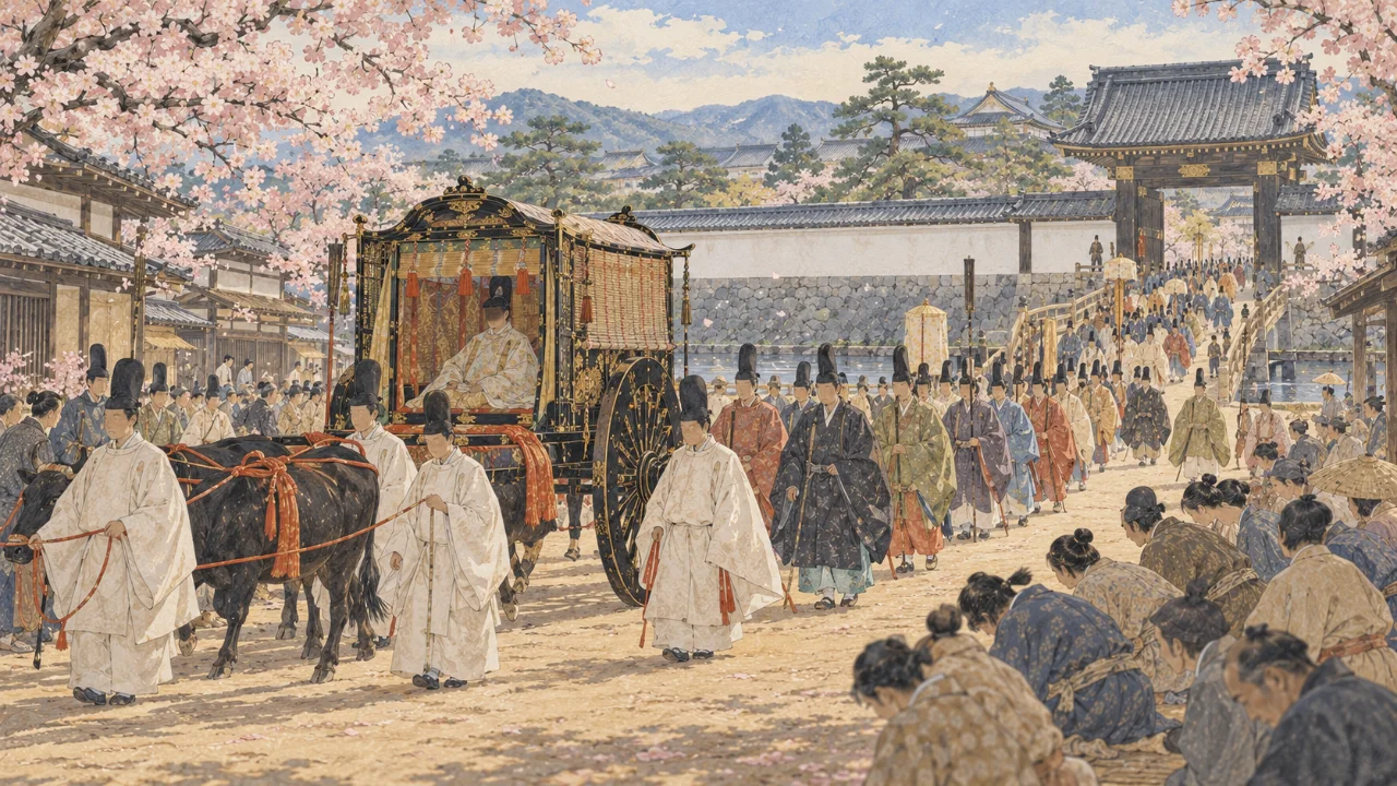 春の京の大路を、牛車を中心に公家たちの行列が御殿の門へ進む聚楽第行幸のイメージ(イラスト)