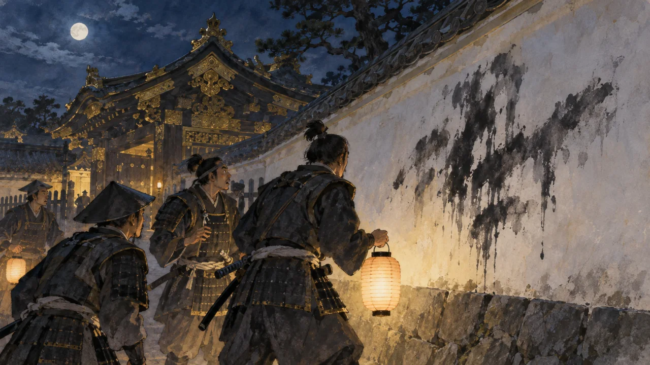 夜の聚楽第の門のそば、白壁に書かれた落書を提灯で照らす番衆たちのイメージ(イラスト)