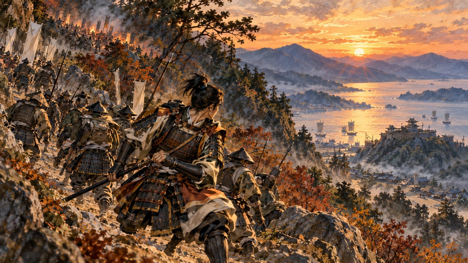 夕暮れの山道を、追撃を背にしんがりとして退く武将と兵たちのイメージ(イラスト)