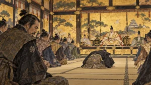 大坂城の大広間で秀吉に頭を下げる家康と、居並ぶ大名の後ろから見つめる石川数正のイメージ（イラスト）