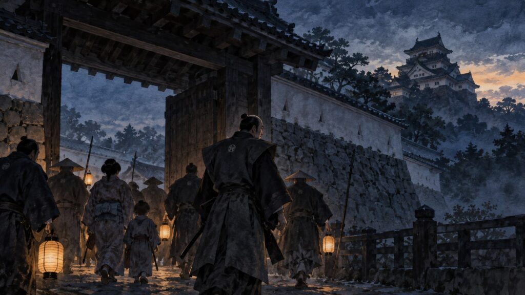 夜明け前の薄闇の中、提灯を手に城門を出ていく武将と家族・家来の一行の後ろ姿