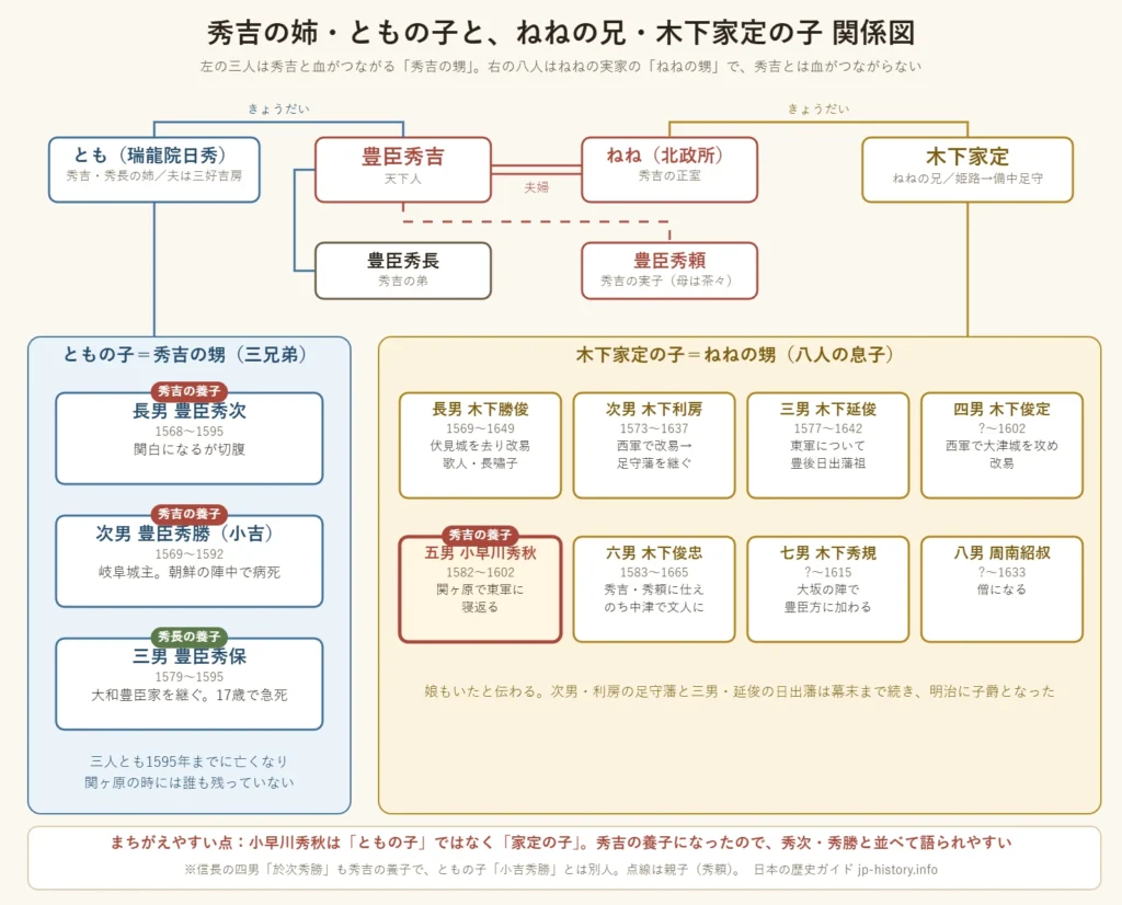 秀吉の姉・ともの子（秀次・秀勝・秀保）と、ねねの兄・木下家定の八人の息子（勝俊・利房・延俊・俊定・小早川秀秋・俊忠・秀規・周南紹叔）の関係図