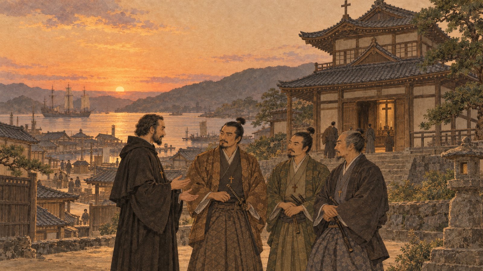 港町の南蛮寺の前で宣教師と語らうキリシタン大名たちのイメージイラスト
