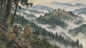 紀伊の奥深い山中に築かれた石垣の山城を見上げる村人たちのイメージ（イラスト）