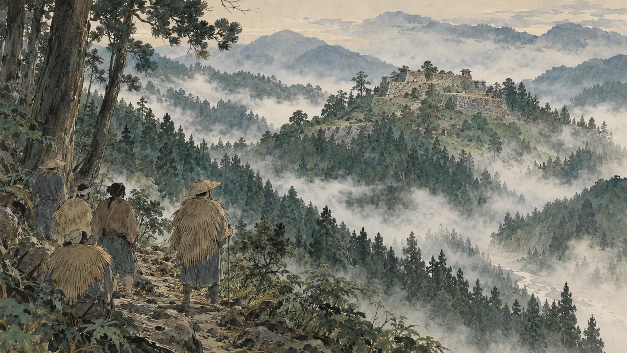紀伊の奥深い山中に築かれた石垣の山城を見上げる村人たちのイメージ（イラスト）