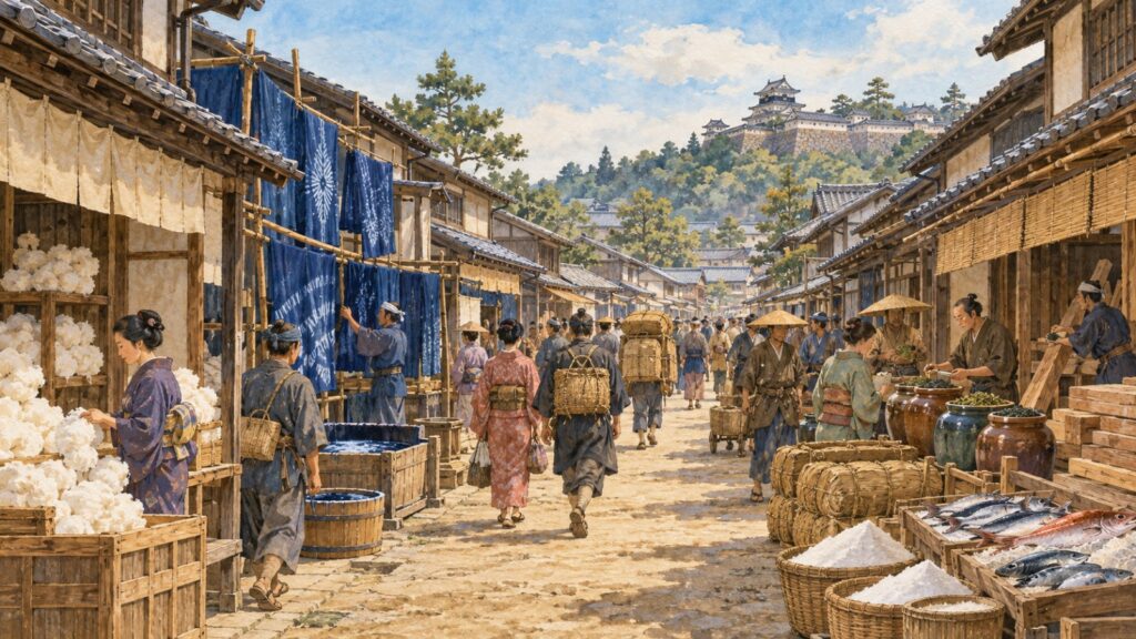 戦国時代の郡山城下、綿や藍染の布、茶、豆腐、魚と塩を並べた商人町のイメージ