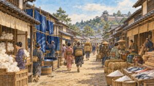 戦国時代の郡山城下、綿や藍染の布、茶、豆腐、魚と塩を並べた商人町のイメージ