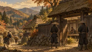 九度山の真田屋敷の門前に立つ見張りの武士と、米俵を運ぶ村人のイメージ（イラスト）
