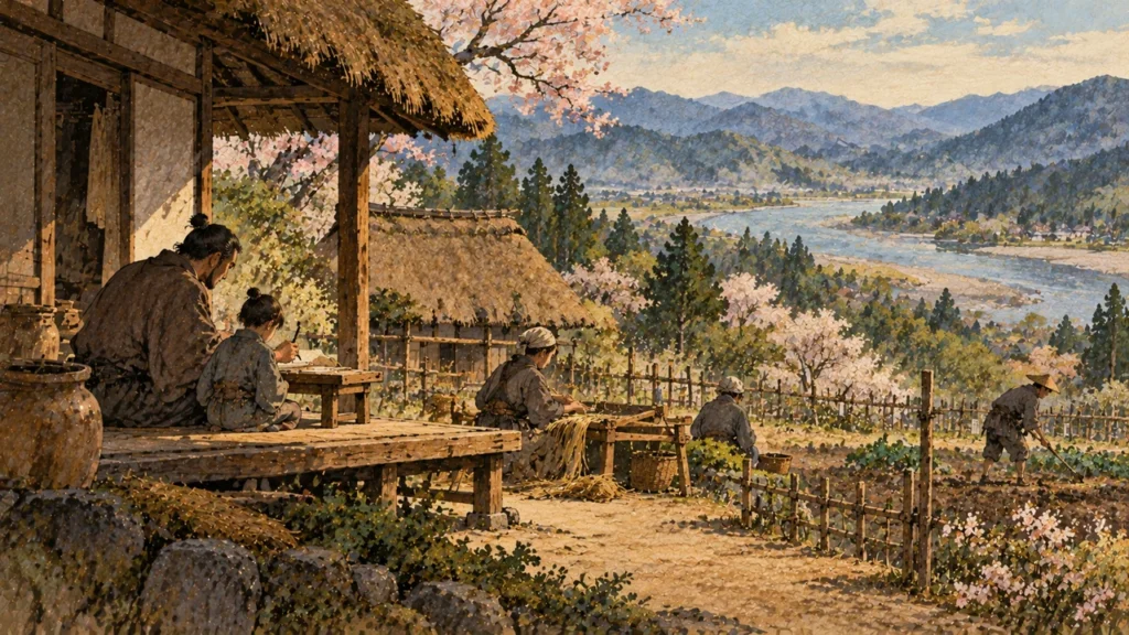 高野山のふもとの山里で、縁側で子どもに字を教える武士と、紐を編む家人たち（イメージイラスト）