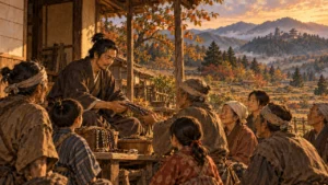 九度山の屋敷の縁先で、村の老人や子どもたちと語らう幸村（イラスト）
