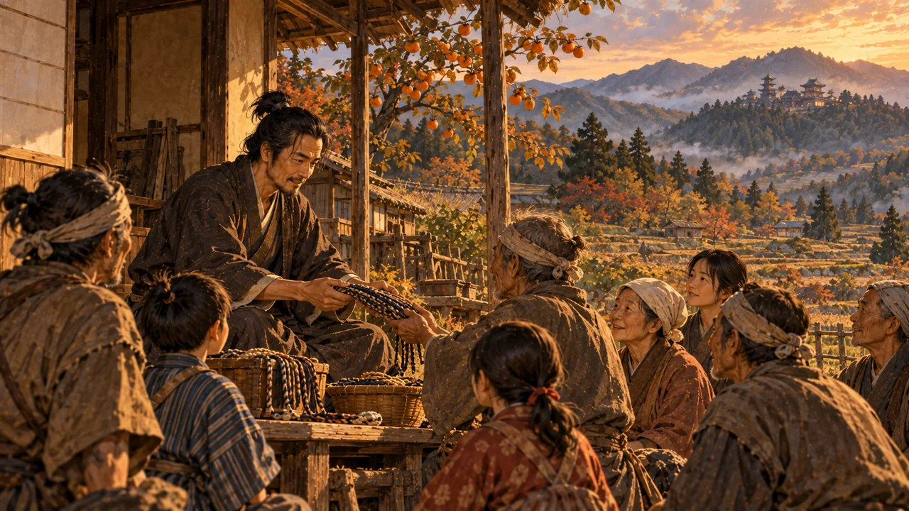 九度山の屋敷の縁先で、村の老人や子どもたちと語らう幸村（イラスト）
