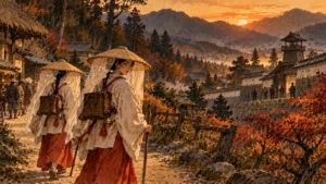 夕暮れの街道を旅する歩き巫女の二人連れ（イラスト）