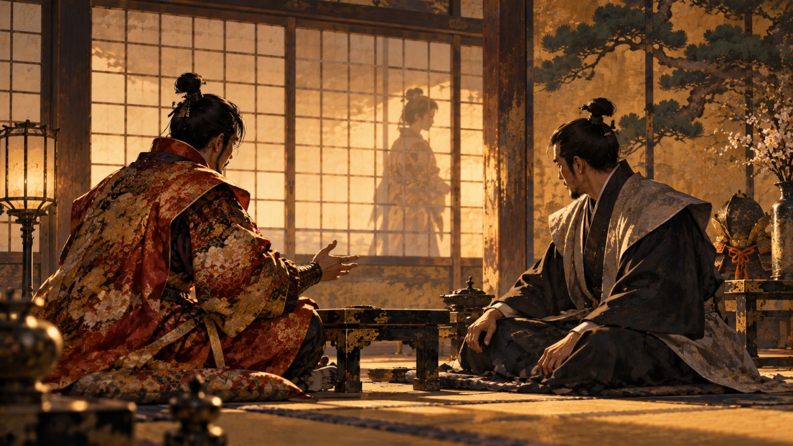 城の広間で向き合って話し合う二人の武将と、障子に映る打掛姿の姫の影のイメージ