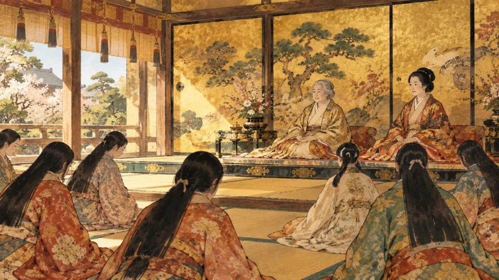 金地の襖の奥御殿で、上座に並んで座る老女と中年の女性、かしこまる女房たち（イメージイラスト）