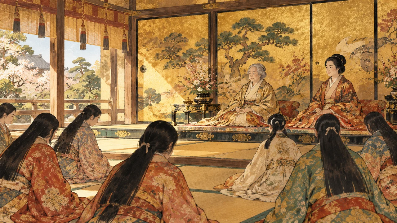 金地の襖の奥御殿で、上座に並んで座る老女と中年の女性、かしこまる女房たち（イメージイラスト）