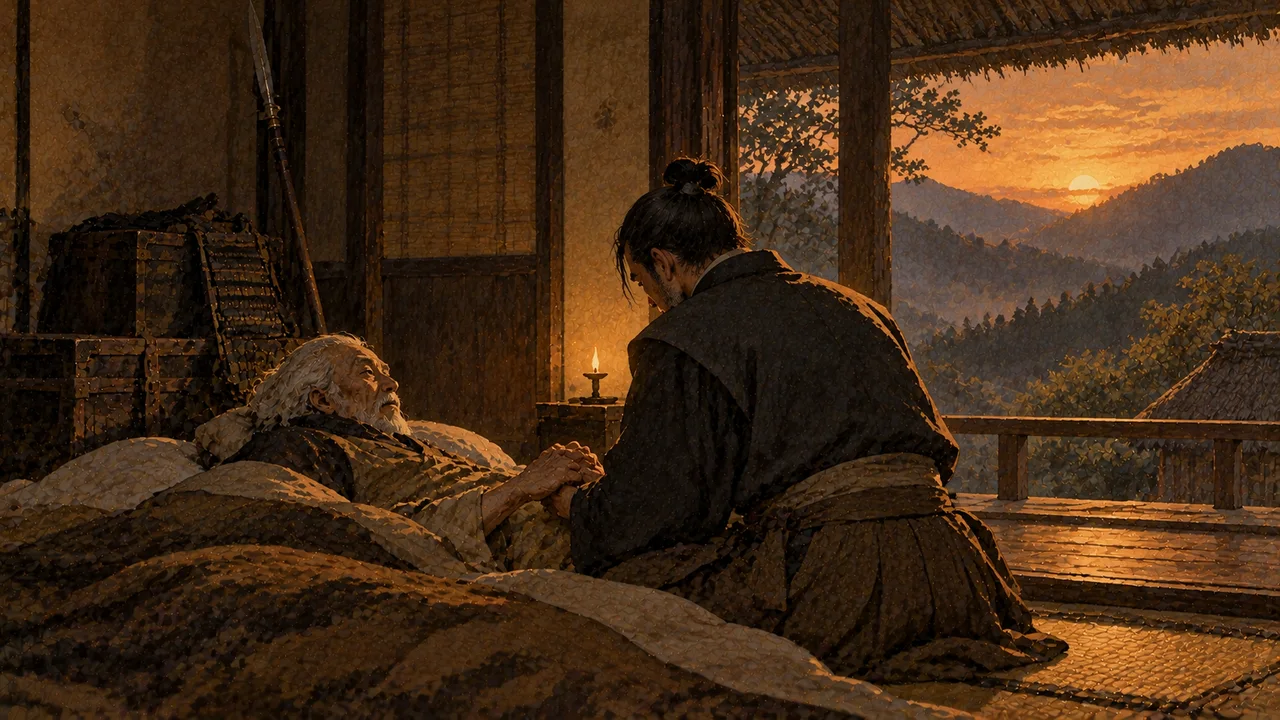 九度山の草庵で、病床の真田昌幸が信繁の手を握って語りかけるイメージ（イラスト）