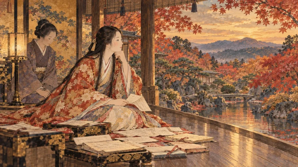 秋の奥御殿の縁側で、何通もの書状を前に遠くを見つめる打掛姿の姫と侍女のイメージ（イラスト）