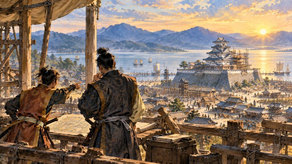 琵琶湖のほとりの長浜城と城下町を見渡し、図面を前に話し合う二人の武士のイメージ(イラスト)