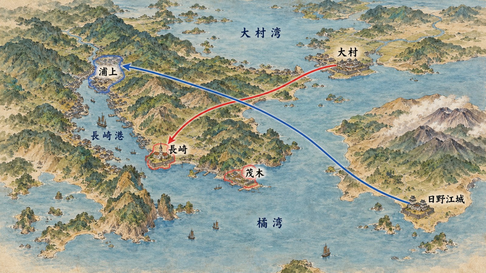 イエズス会に寄進された長崎・茂木・浦上の位置図
