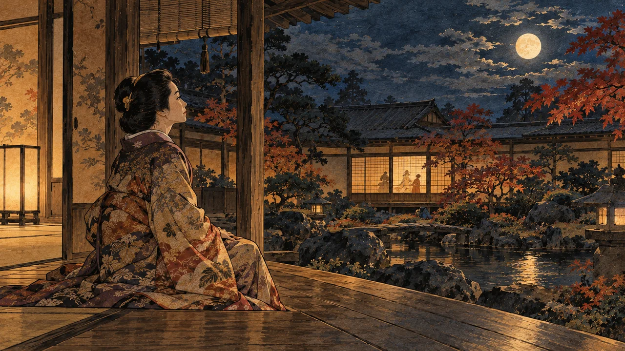 秋の夜、奥御殿の縁側で月を見上げる打掛姿の正室（イメージイラスト）