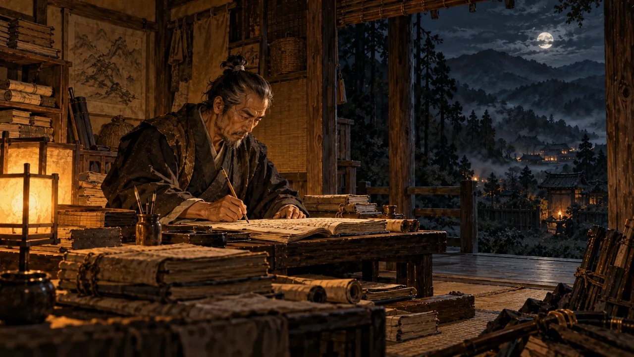 行灯の明かりの下で忍術書を書きまとめる伊賀の武士（イラスト）