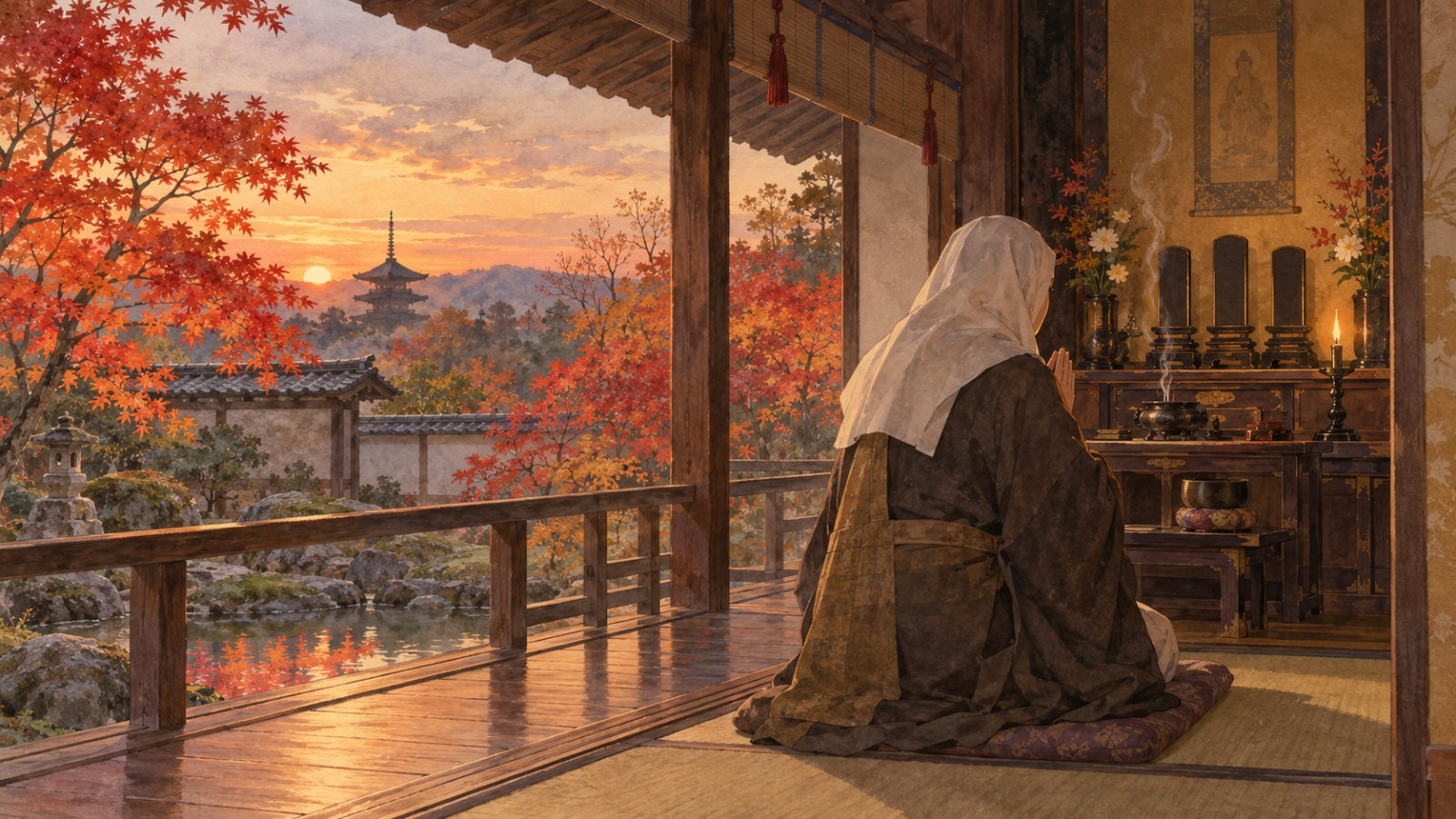 紅葉の庭をのぞむ尼寺で、三つの位牌に手を合わせる老いた尼僧