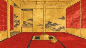 金の柱と壁、赤い障子と畳の黄金の茶室（イメージイラスト）