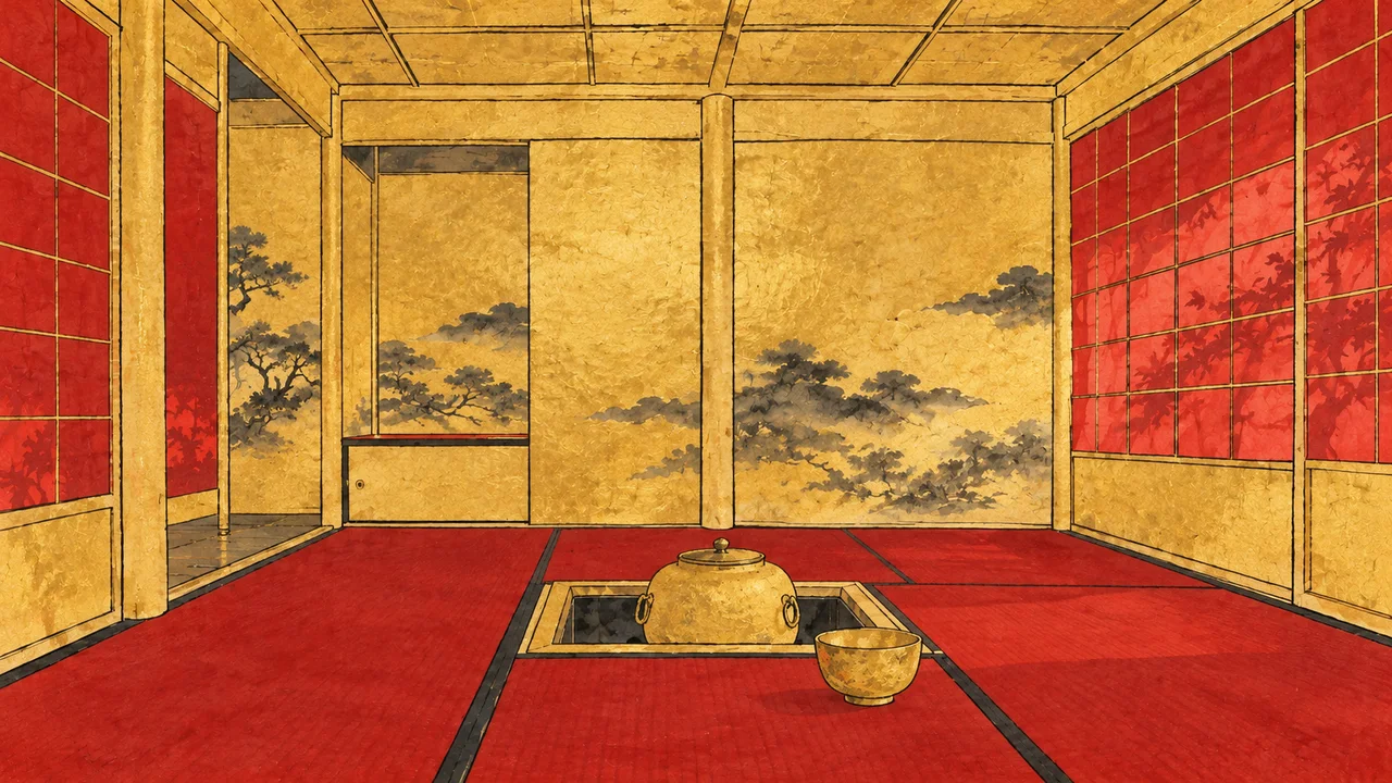 金の柱と壁、赤い障子と畳の黄金の茶室(イメージイラスト)