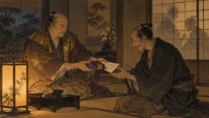 行灯の明かりの座敷で、大名が役人風の武士に金の包みと書状を差し出す密談のイメージイラスト