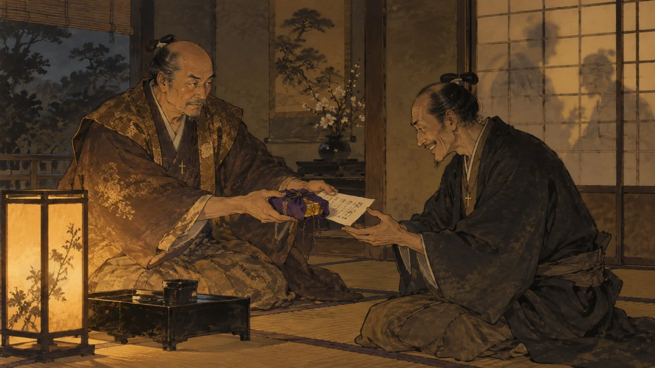 行灯の明かりの座敷で、大名が役人風の武士に金の包みと書状を差し出す密談のイメージイラスト