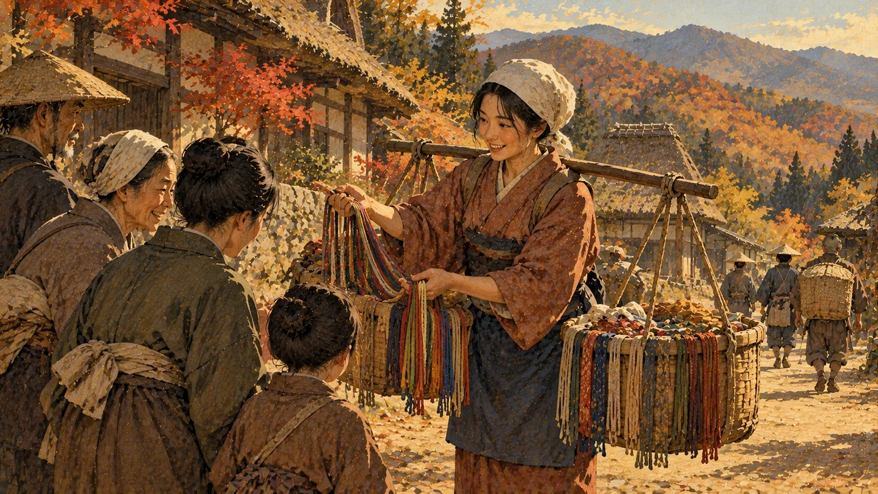 九度山の村の道で、色とりどりの紐を売り歩く娘のイメージ（イラスト）