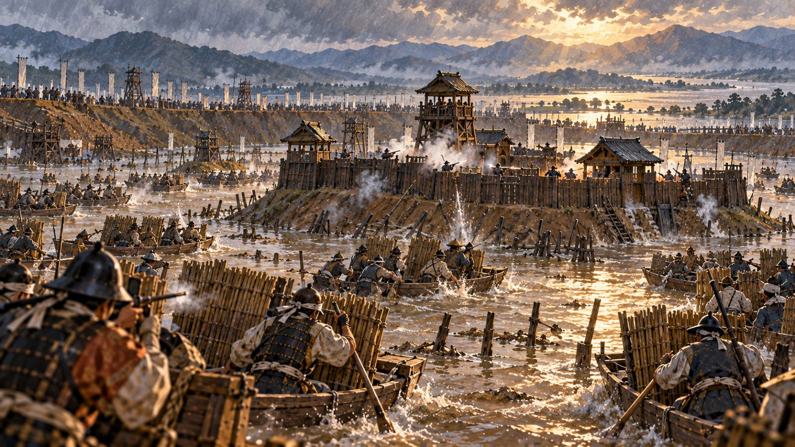 水に囲まれた城に向かって、舟に乗った兵たちが迫っていくイメージ(イラスト)