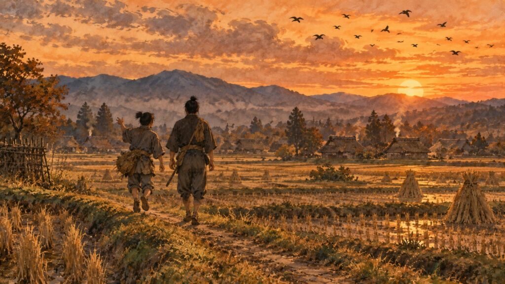 夕焼けの尾張の田んぼの畦道を歩く若い兄弟の後ろ姿