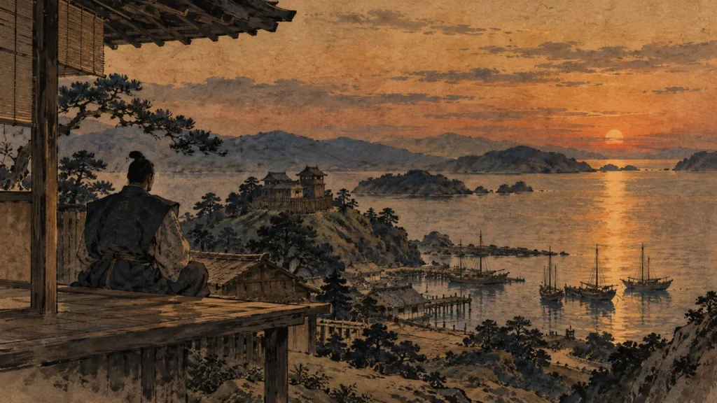 夕暮れの伊勢湾の港と丘の上の城を、屋敷の縁側から見つめる武士の後ろ姿（イメージイラスト）