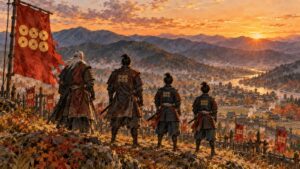六つの銭の紋の赤い旗のもと、山城の曲輪から谷を見下ろす甲冑姿の武将の一族の後ろ姿