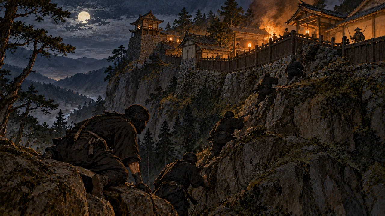 夜の山城の崖をよじ登り、火を放って忍び入る忍びたち（イラスト）