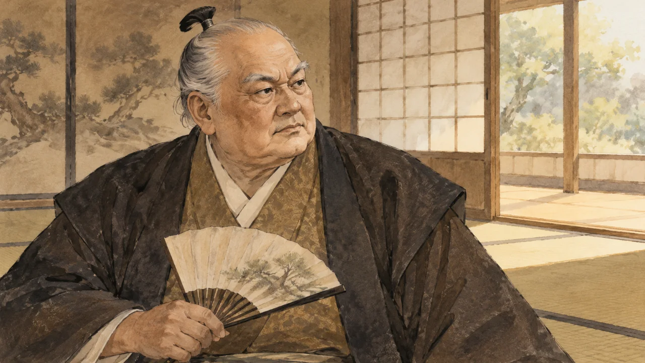 座敷で扇子を手にする老いた大御所のイメージイラスト