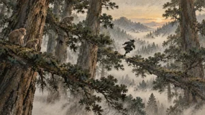 朝霧の山で杉の大木の枝から枝へ跳び移る忍者と、枝の上の猿たち（イメージイラスト）