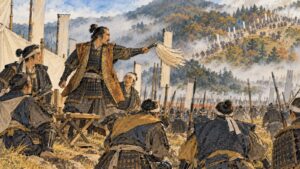 関ヶ原の戦いで、山を駆け下りる大軍を背に采配を振るい向きを変える大名のイメージ（イラスト）