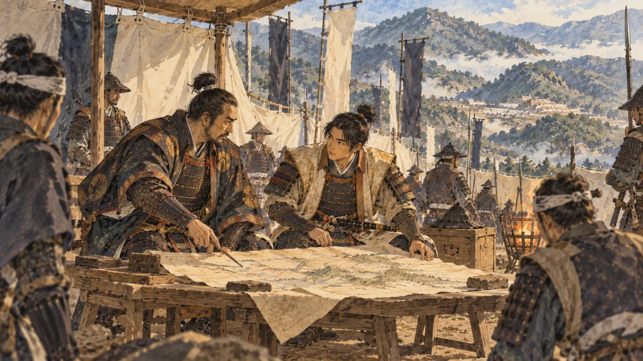 山あいの陣幕の内で、年長の武将と若い武将が地図を囲んで語り合うイメージ(イラスト)