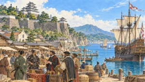 島原半島の海辺の城と、港に入る南蛮船、城下の教会のイメージ（イラスト）