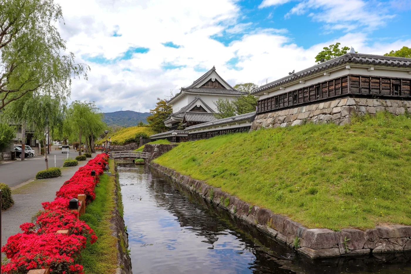 勝竜寺城の堀とツツジ