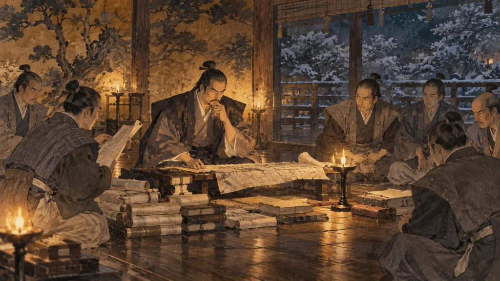 冬の夜、灯明の下で巻物や帳面を前に評定する武将と家臣たちのイメージ（イラスト）