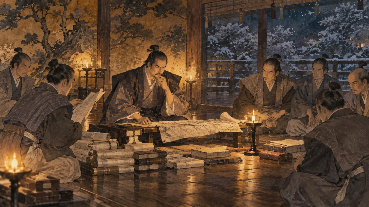 冬の夜、灯明の下で巻物や帳面を前に評定する武将と家臣たちのイメージ（イラスト）
