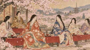 満開の桜の下、打掛姿の女性たちが朱塗りの杯を前に座る醍醐の花見のイメージ（イラスト）