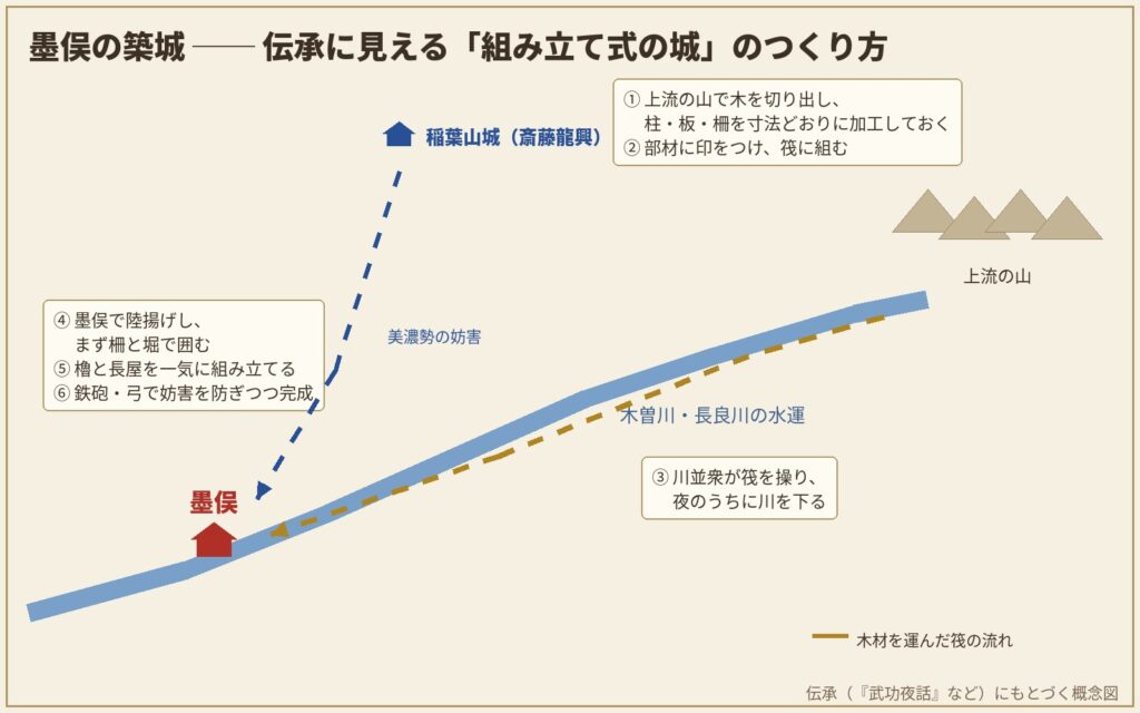 墨俣の築城の段取りを示す概念図。上流で加工した木材を筏で運び、墨俣で組み立てる