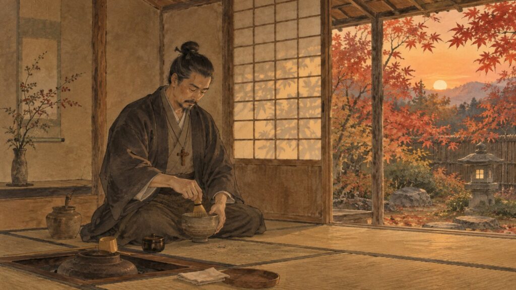 紅葉の見える草庵の茶室で、胸に十字架を下げて茶を点てる高山右近のイメージイラスト