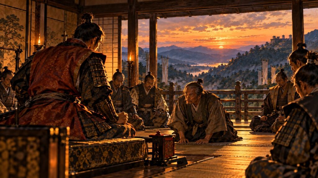 山城の広間で、怒りをこらえる大将の前に平伏して訴える年配の家臣のイメージ(イラスト)